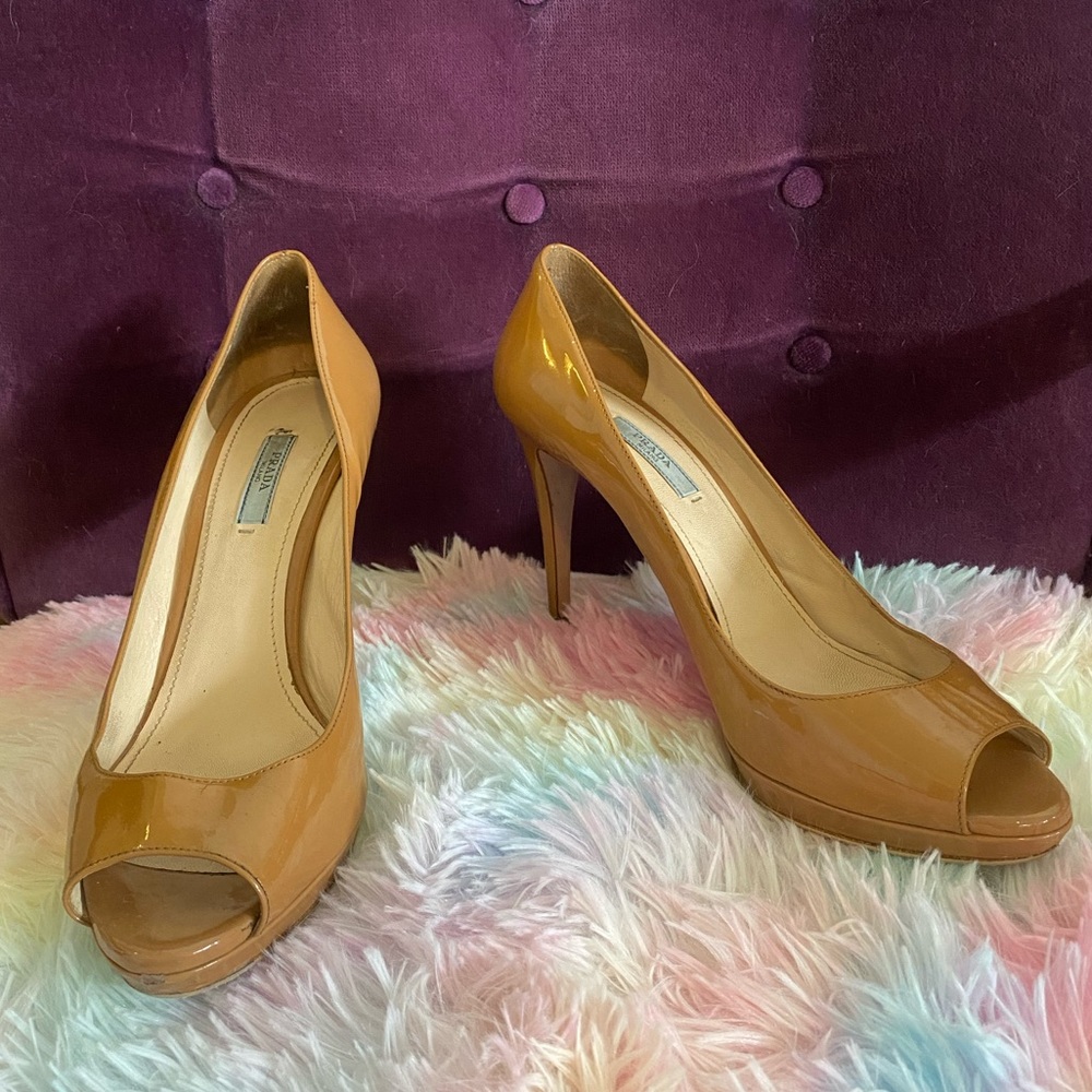 Prada Tan Peep Toe Pump Heels